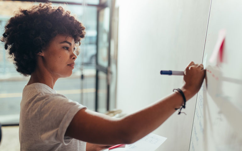 Woman at white board working on project management plan
