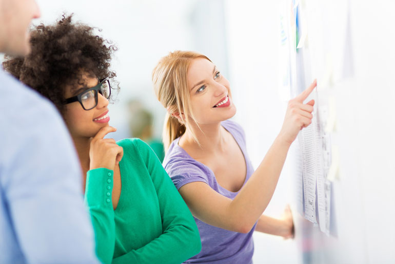 Young members working together at a white board on a project
