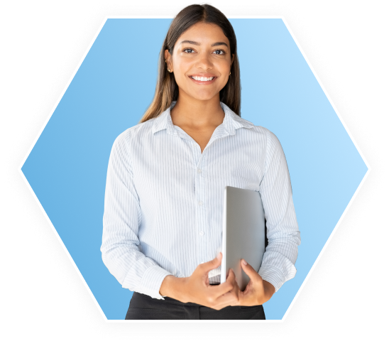 woman holding laptop in white shirt
